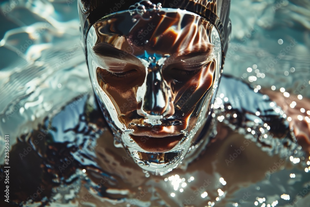Poster a close-up image capturing the intricate details and reflections in water droplets on a glass surfac