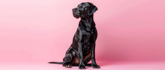 A black dog is sitting on a pink background