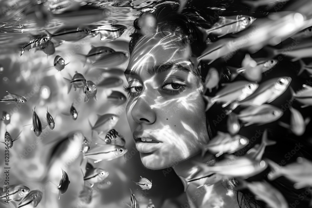 Poster A striking monochromatic image showing fish swimming in water with a blurred unknown presence in the background