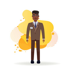 African American businessman in suit with badge. Serious leader in glasses at exhibition. Business concept. Vector illustration can be used for topics like leadership, management, partnership.