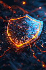 Cutting-edge cyber security concept with glowing virtual shield protecting data streams.