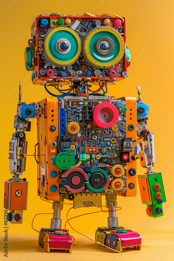 Poster colorful kit for creating simple robots, ideal for kids to learn stem skills.