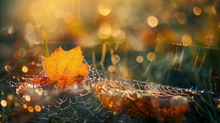 Autumn Leaf On A Spider Web With Dew Drops