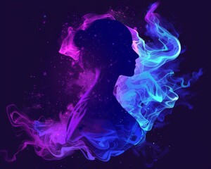 A womans face is depicted with vibrant swirls of colorful smoke emanating from her as a striking and artistic expression.