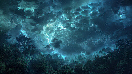 An artistic depiction of a stormy sky over a dense forest, with heavy rain and lightning strikes illuminating the dark clouds