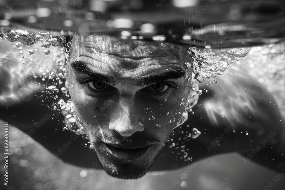 Poster the image depicts an underwater scene in black and white with bubbles and water in motion, artistic 