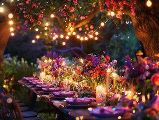 A whimsical summer garden party with string lights, a long table set with floral arrangements, and guests in colorful attire, twilight lighting, photorealisticClose-up