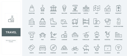 Map direction to museum, tickets to cruise and airplane, funicular thin black and red outline symbols, vector illustration. Travel destination of summer vacation, hotel service line icons set