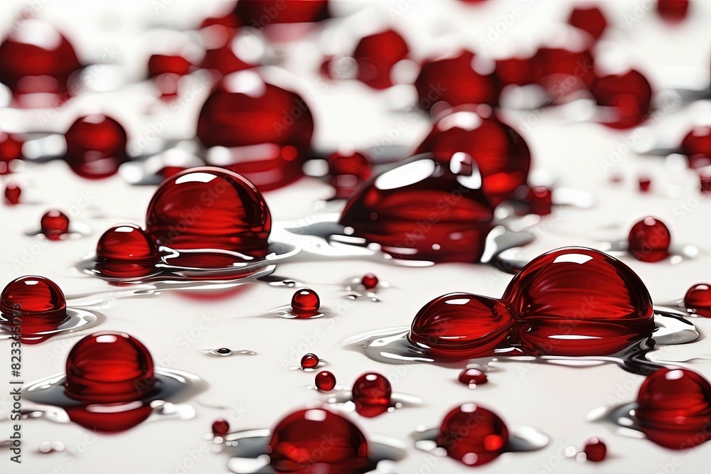 Poster red drops of water on a white background. shallow depth of field. generative ai.