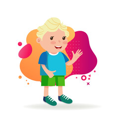 Cheerful boy with blond hair waving hand. Little kid in T-shirt, shorts and trainers. Childhood concept. Vector illustration can be used for topics like gesturing, greeting.