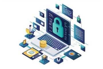 High tech illustration of a secure digital shopping network with various devices and security elements