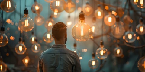 Man in front of thousands of lit light bulbs searching for the answer. Concept Travel, Mysteries, Lights, Contemplation, Discovery