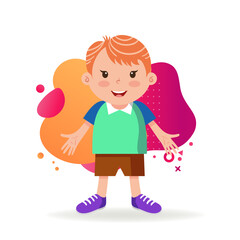 Happy boy with red hair and with open hands. Little kid in T-shirt, shorts and trainers. Childhood concept. Vector illustration can be used for topics like gesturing, greeting, sport.