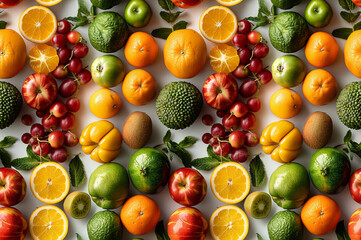 A seamless pattern of different types and colors of fresh fruits on a white background