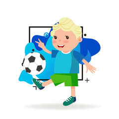 Little boy with blond hair playing football. Happy kid in sportswear with Victory gesture. Childhood and sport concept. Vector illustration can be used for topics like leisure activity, hobby, success