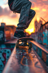 Youth skateboarder performing tricks on city rail at sunset with graffiti background