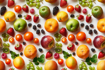 A seamless pattern of different types and colors of fresh fruits on a white background