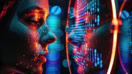 Mirror with human face and data-derived twin represents personal dimension of data in contemporary lives. Data mining visualization