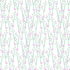 Hand drawn watercolor pink wildflowers seamless pattern isolated on white background. Can be used for fabric, wrapping, textile and other printed products.