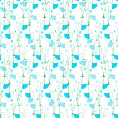 Hand drawn watercolor blue wildflowers seamless pattern isolated on white background. Can be used for fabric, wrapping, textile and other printed products.