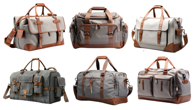 Set of different large classic travel bags, PNG file of isolated cut-out objects on transparent background, Vacation concept.