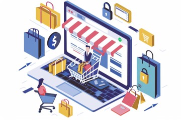E commerce website showcasing products with shopping bags and secure online payment illustration, vibrant colors, digital marketing concept, vector design