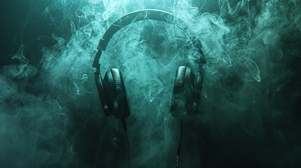 A pair of headphones on a dark emerald background, a wisp of smoke adding a touch of mystery.