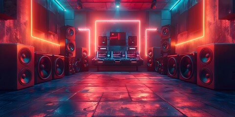 Neon Lights and Speakers Creating an Energetic Atmosphere for a Futuristic DJ Performance
