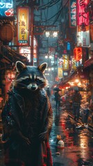 Drifting through neonlit streets of Tokyo a family of raccoons scavenges through garbage bins in search of food their masked faces and nimble fingers a common sight in the bustling metropolis