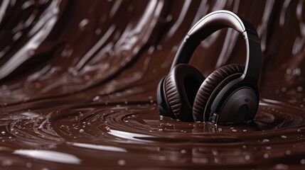 A pair of headphones on a chocolate brown backdrop with a swirl of cream, rich and immersive.