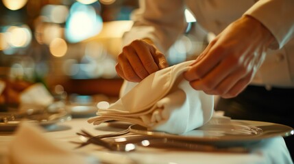 Close up view of a restaurant waiter's hands cleaning cutlery on a guest table using a tissue.	
