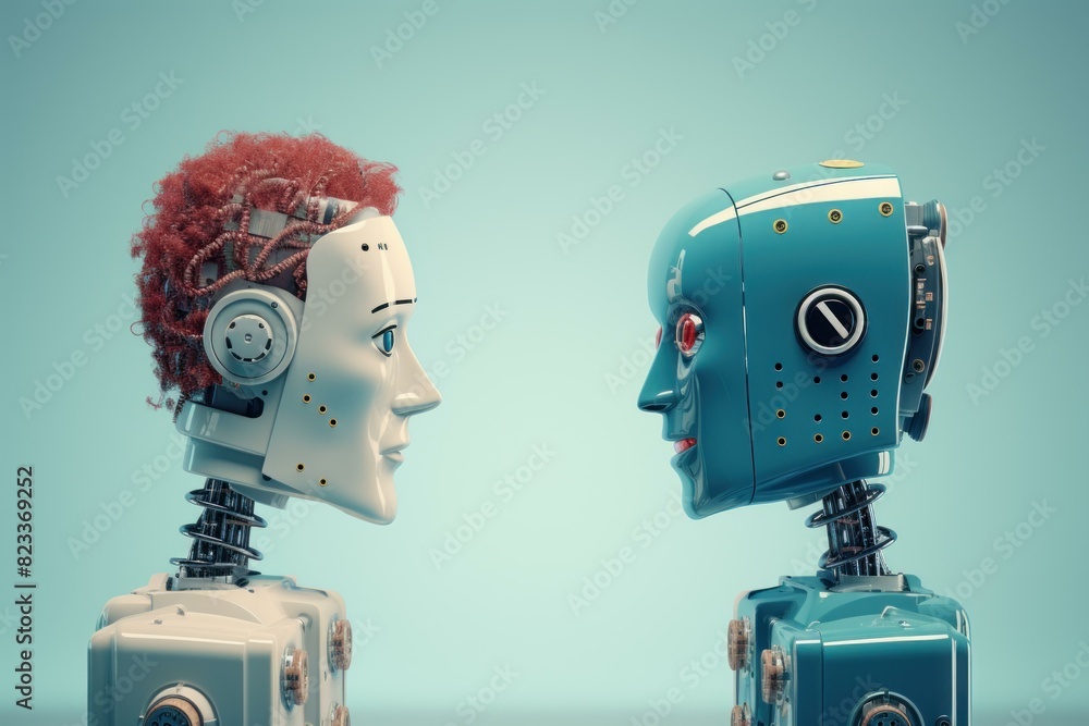 Poster conceptual illustration of two robots with digital brains facing each other against a blue backgroun