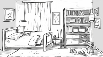 minimalist line art drawing of a child bedroom