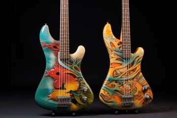 Two unique, hand-painted electric guitars showcased against a dark backdrop