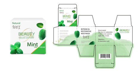 Design of the cosmetic packaging template. Cut. Cosmetic cream mask with Mint in a closed box. Realistic 3D model.