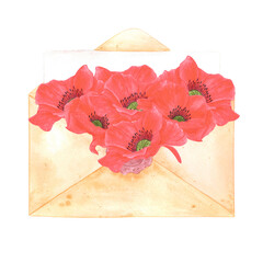 Hand drawn watercolor letter with red poppy flowers isolated on white background. Can be used for cards, scrapbook and other printed products.