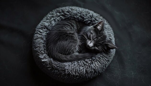 Visualize a cat feeling sleepy, curling up in a tight ball in its bed