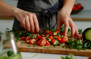Woman in kitchen wearing casual , making a salad with avocados and tomatoes on a wooden board at the table