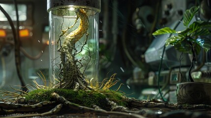 Close-up of a glass tube with an alien monster inside, surrounded by tangled roots in a secret room, eerie and detailed for a sci-fi setting