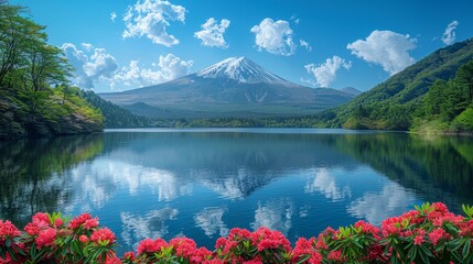 A clear reflection of the snow-capped Mount Fuji and azaleas in the foreground by a tranquil lake