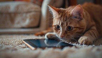 Imagine a cat feeling curious, pawing at a new gadget on the floor