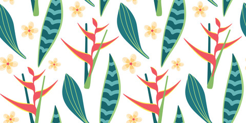 Seamless pattern with tropical leaves and flowers in simple design. Summer pattern with exotic plants for fabric and wallpaper. Flat vector illustration.
