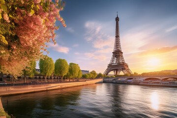 Obraz premium View of the Eiffel Tower and the River Seine at dawn in Paris, France. Spring landscape.