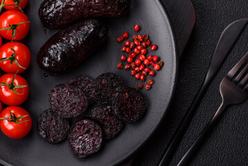 Delicious black blood sausage or black pudding with spices