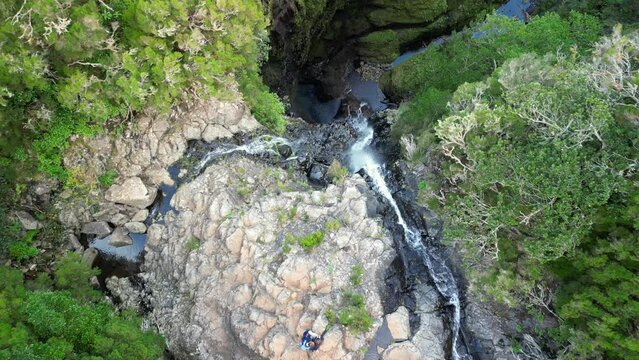 Top down drone footage of Risco Waterfall located in Rabacal, Paul da Serra, Madeira, Portugal
