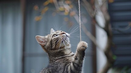 Obraz premium Imagine a cat feeling playful, batting at a string dangled by its owner