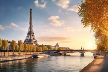 Fototapeta premium View of the Eiffel Tower and the River Seine at dawn in Paris, France. Spring landscape.