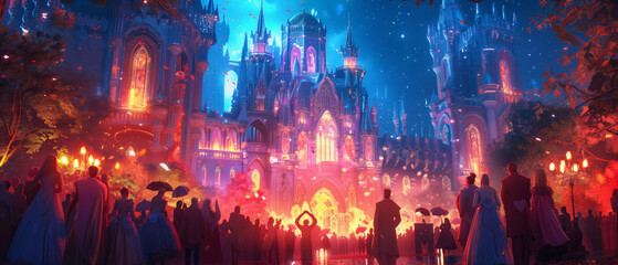 Fairy tale characters attending a magical ball in a grand castle