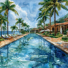summer tropical paradise resort, luxury hotel swimming pool, watercolor illustration