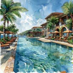 summer tropical paradise resort, luxury hotel swimming pool, watercolor illustration